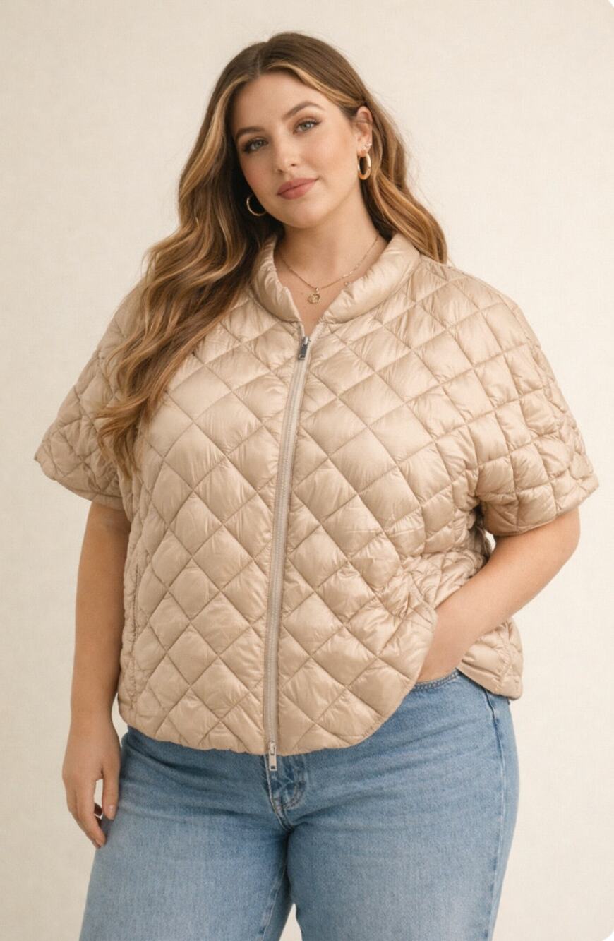 Martha Stewart Womens Short Sleeve Packable Quilted Vest Jacket Goldish Khaki 3X